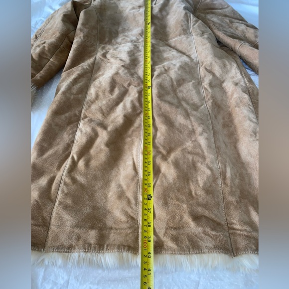 Vintage 90s Y2K Wilsons Leather Tan Faux Fur Trim Long Penny Lane Coat Size XL - Picture 10 of 14